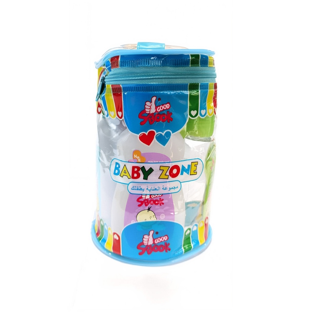 سبوك طقم العناية بالأطفال مكون من 8 قطع (مريلة، بودرة، لوشن، كولونيا، زيت، غسول للشعر والجسم، شامبو، صابون)