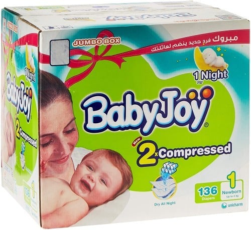 Baby Joy Compressed Diapers, Size 1, Pack of 136 (29202)